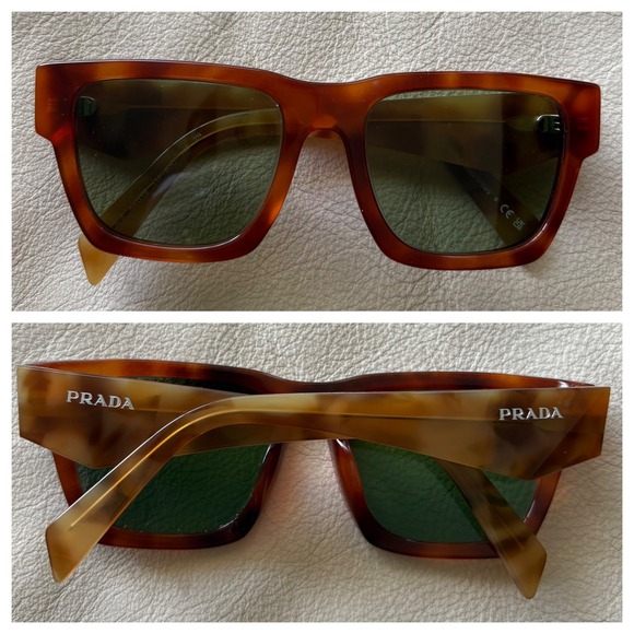 Prada‎ Sunglasses SPRA06 11P-60C Cognac Tortoise Square Frames with Green Lenses - Picture 1 of 7